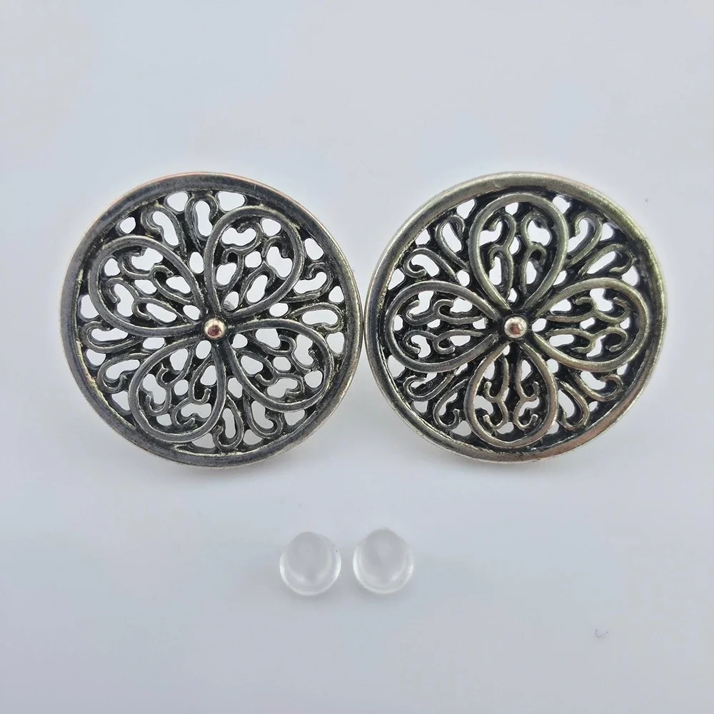 Vintage Ornate Button Earrings Open Scrollwork 4 Petal Flower Silver Plate .75